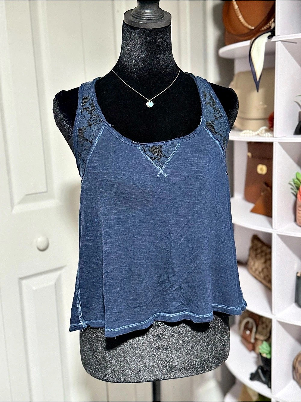 Abercrombie & Fitch Lace Trim Racerback Tank in Blue Like New